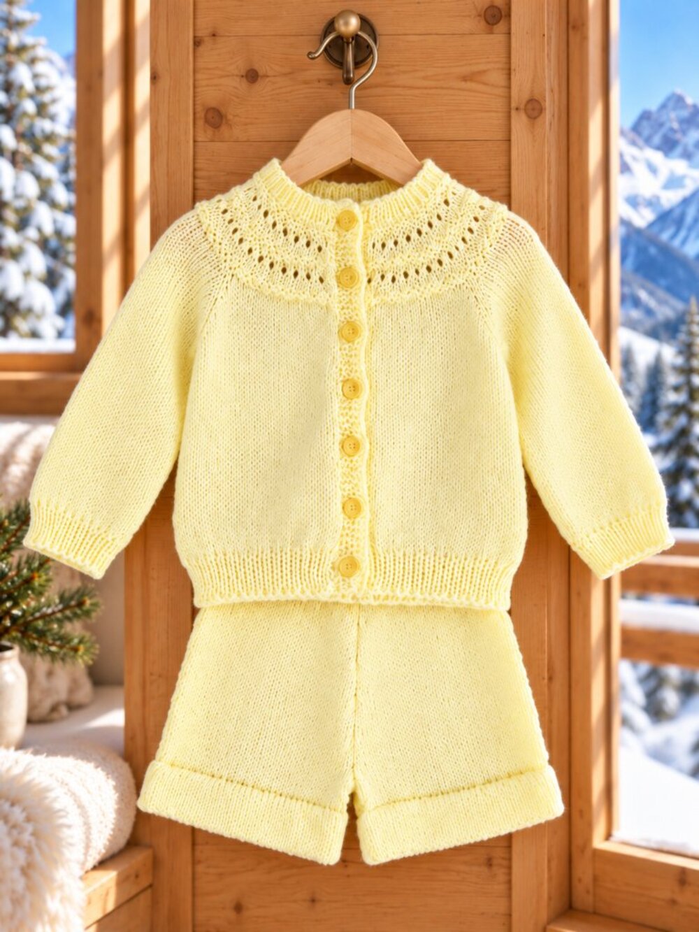 Vintage Handcrafted Knit Cardigan Shorts Set 12M Yellow Button Front Sweater Set